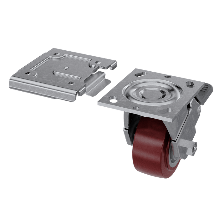 4x2 swivel caster shown with large quick release caster plate