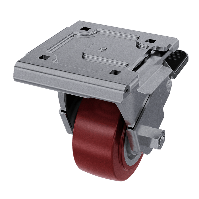 4x2 swivel caster shown mounted into large quick release caster plate