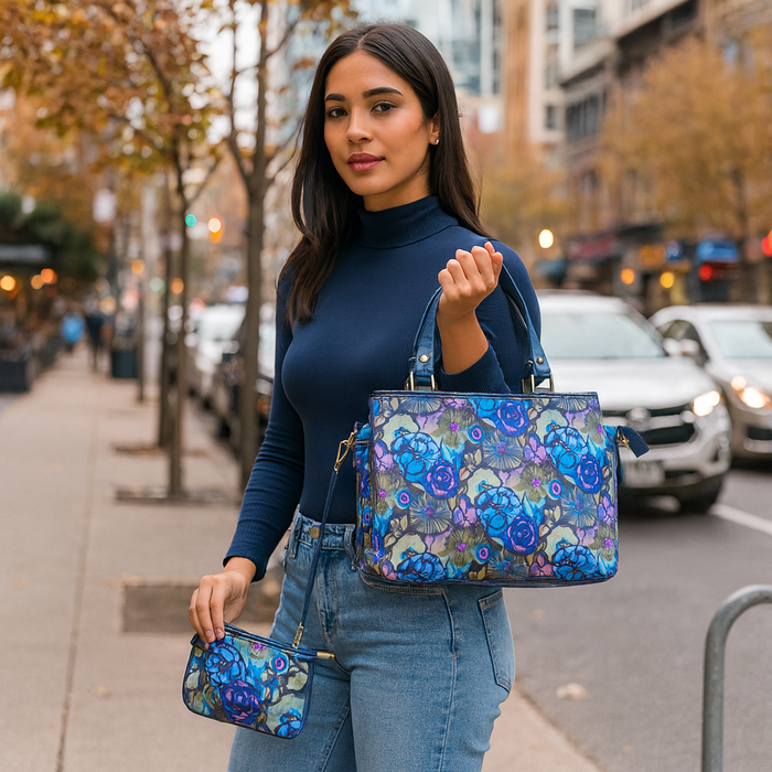 Women's Blue Top handle Satchel Bag with coin pouch for travel & gifting