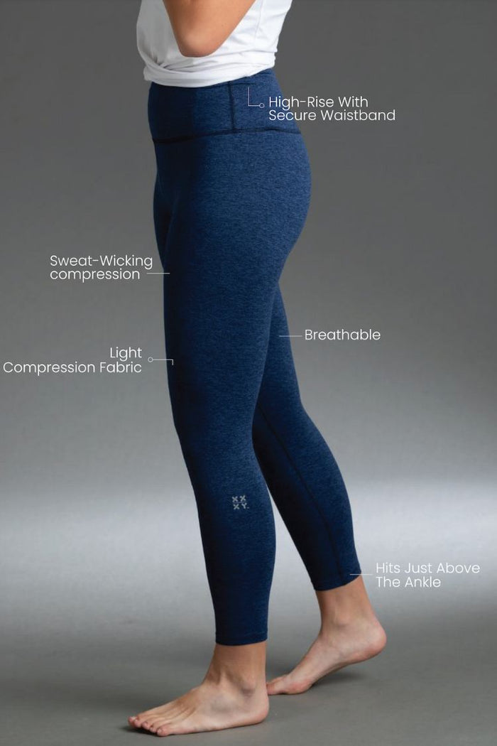Navy compression leggings worn by a person on a gray background with text labels. || Navy