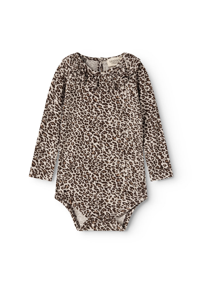 Leopard print dark brown bodystocking with long sleeves and a round neck