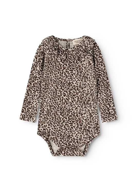Leopard print dark brown bodystocking with long sleeves and a round neck