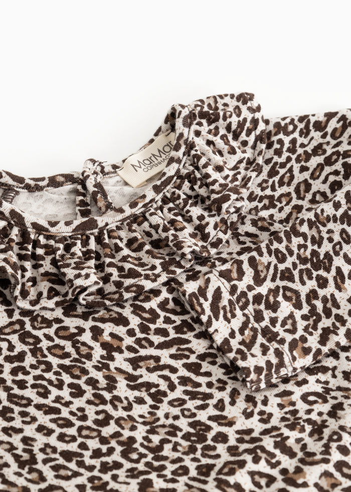 Leopard-print dark brown bodystocking with a V-neck and a closure at the neck.