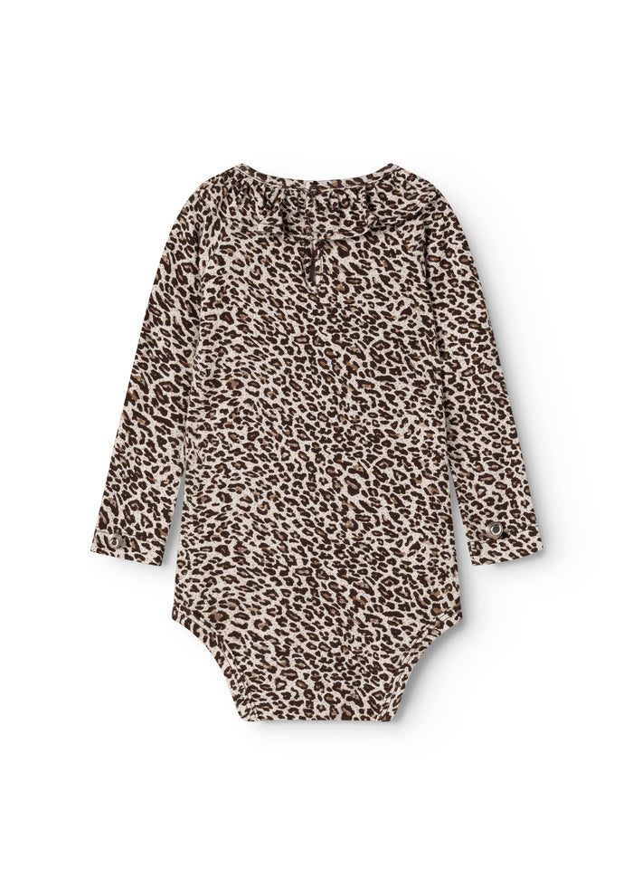 Leopard-patterned dark brown bodystocking set from the back with long sleeves