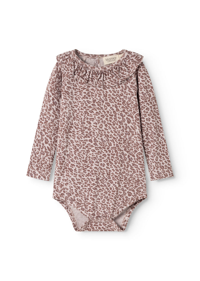 Baby bodystocking with long sleeves, leopard print in dusty purple, and snap closure at the legs.