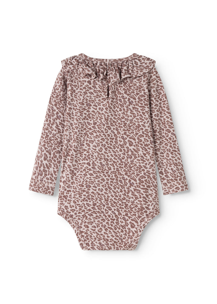 Baby bodystocking with long sleeves, leopard print in dusty purple and round neckline.