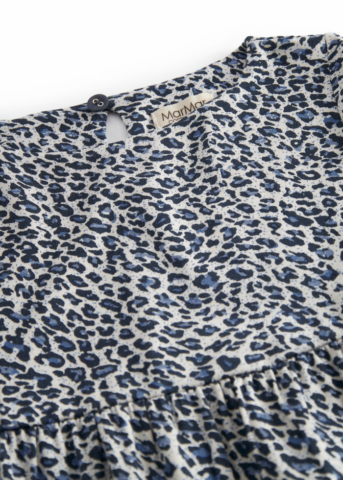 Leopard blue dress for children with elastic in the sleeves and a button-up back.