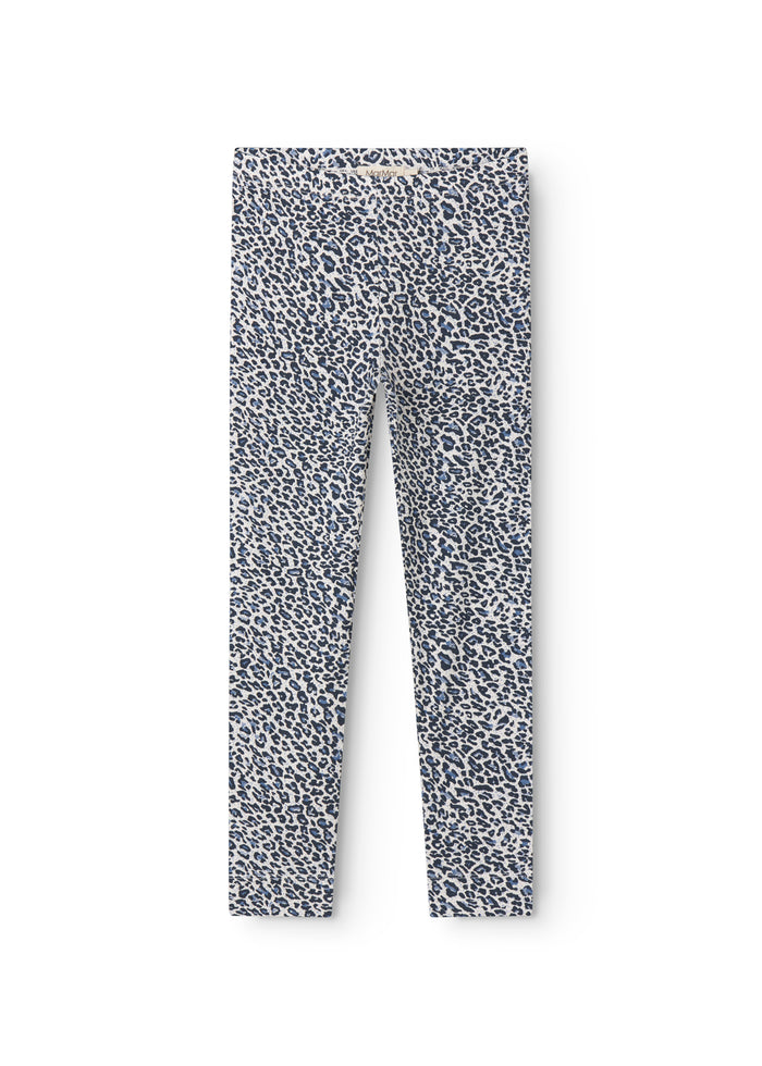 Leggings i blå leopardmønster, lange ben med bred linning