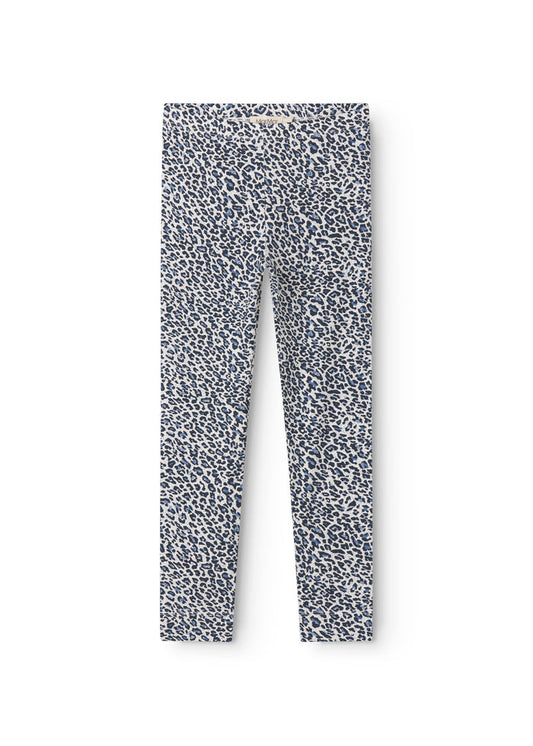 Leggings i blå leopardmønster, lange ben med bred linning