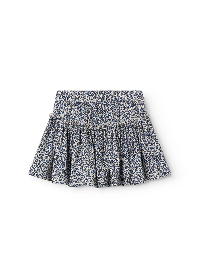 Leopard print blue skirt with waistband and elastic in the waist.