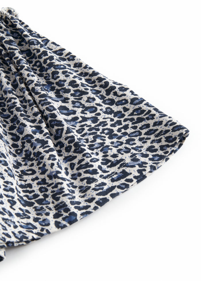 Leopard print blue skirt with waistband and elastic in the waist.