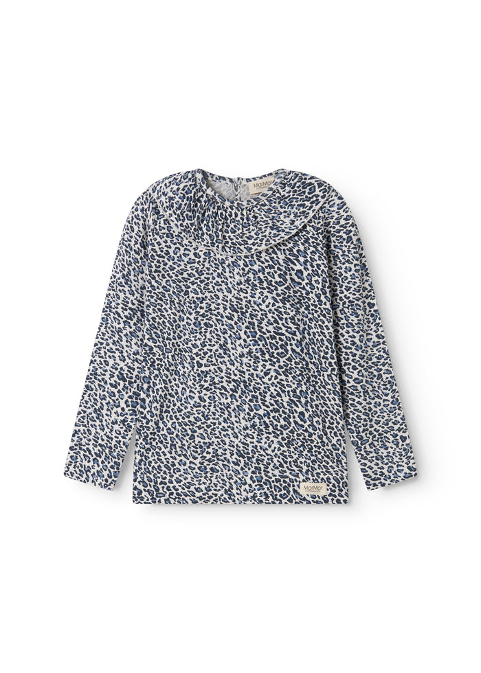 Leopard blue long-sleeved t-shirt for children with a crew neck