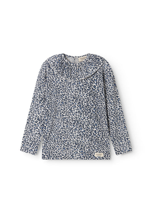 Leopard blue long-sleeved t-shirt for children with a crew neck