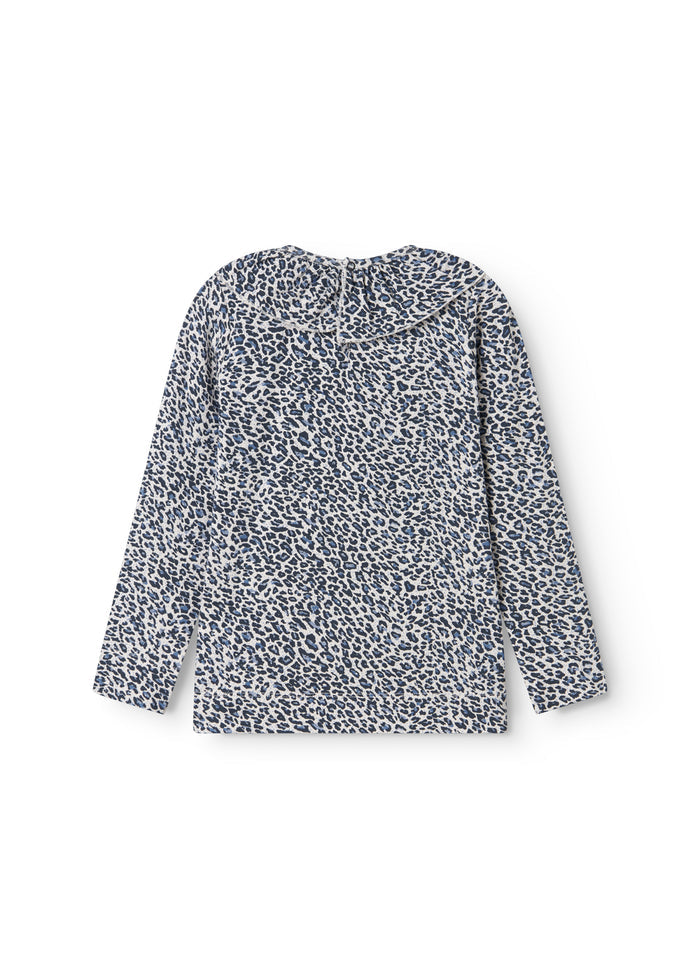 Leopard blue long-sleeved t-shirt for children with a crew neck