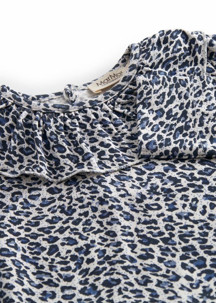 Leopard blue long-sleeved t-shirt for children with a crew neck