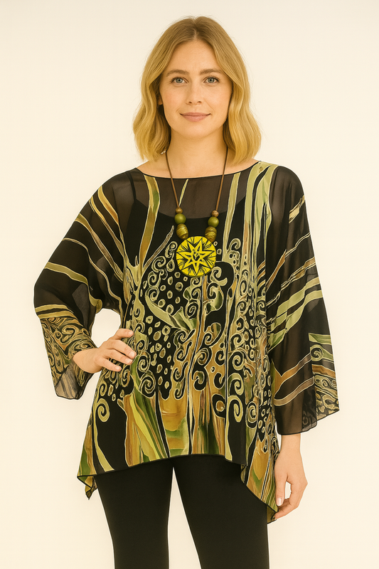 Lior One Size Green Brown Abstrac Floral Boho