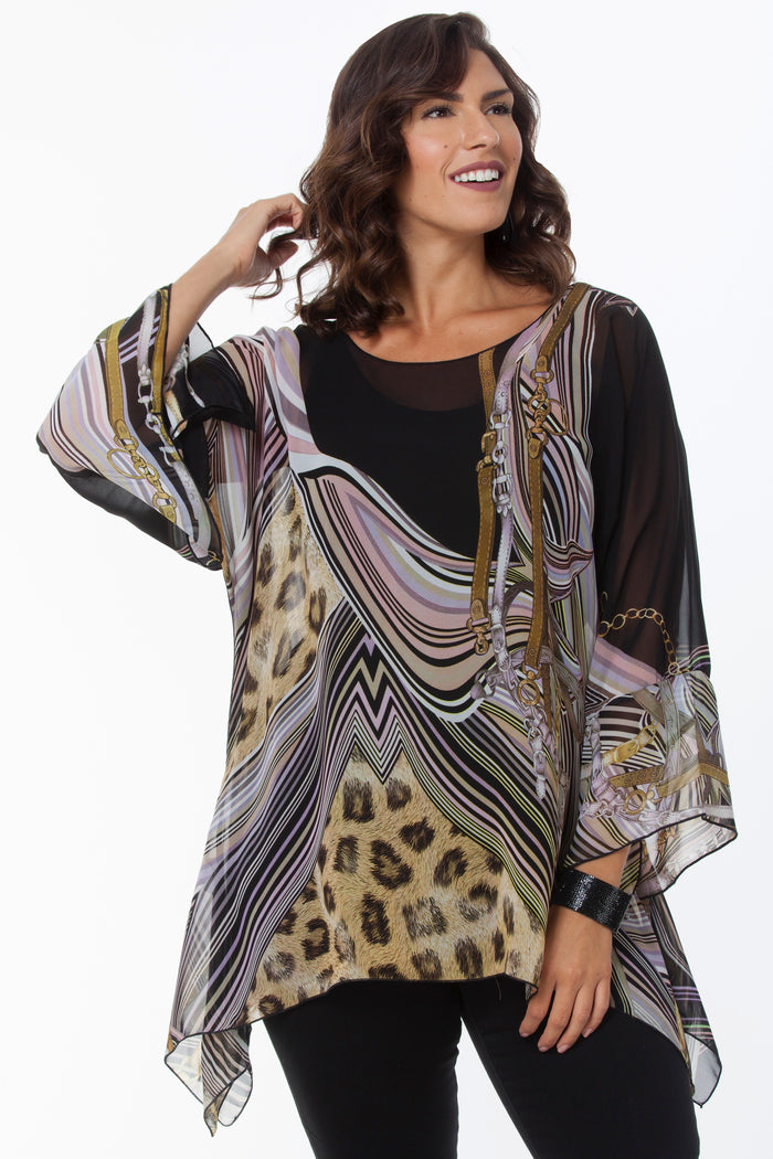 LIOR Women's One Size Fits All  Brown Marble Animal Sheer Blouse
