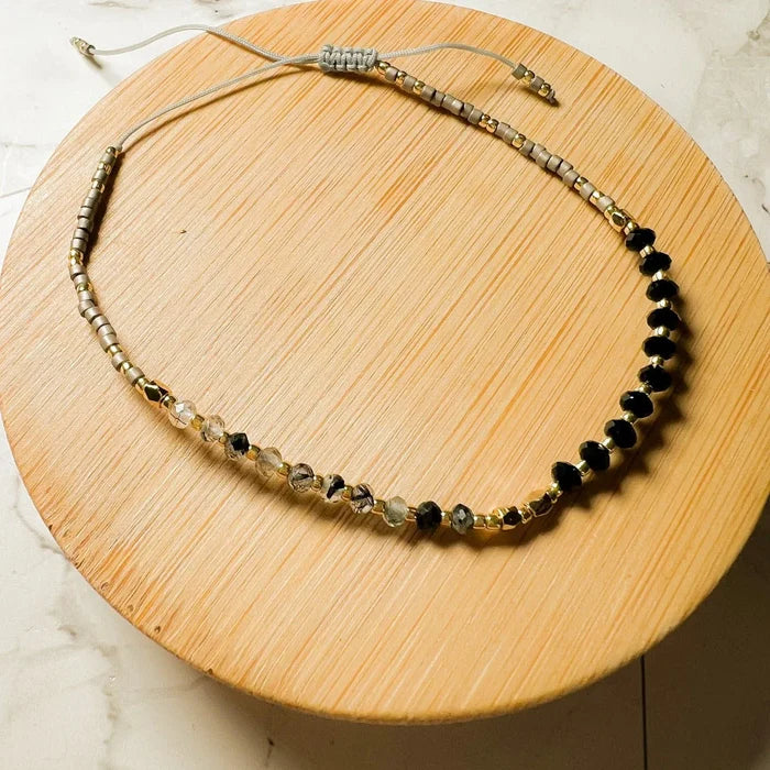 Lulu Gemstone and Seed Beaded Bracelet in Black Spinel/Rutilated Quartz