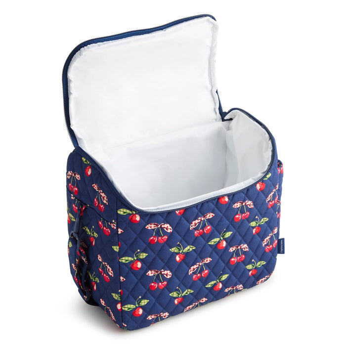 Navy blue cooler bag with cherry pattern on a white background