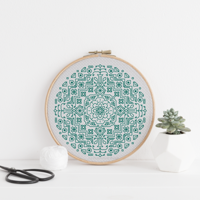 Mandala in Aquamarine Blackwork Pattern by Peppermint Purple