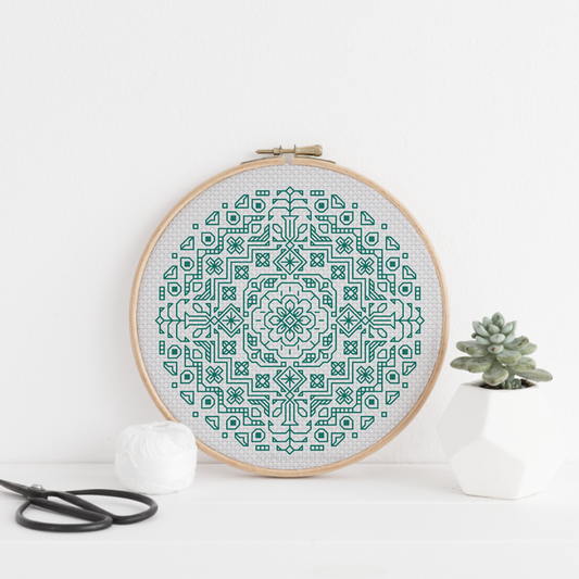Mandala in Aquamarine Blackwork Pattern by Peppermint Purple