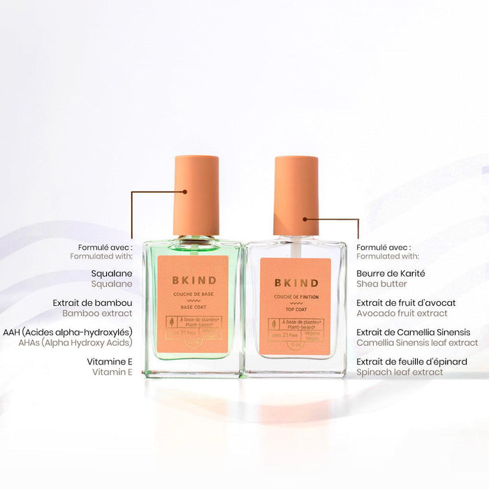 BKIND base and top coat with plant-based ingredients – Calgary vegan nail care with bamboo, avocado, and shea butter.