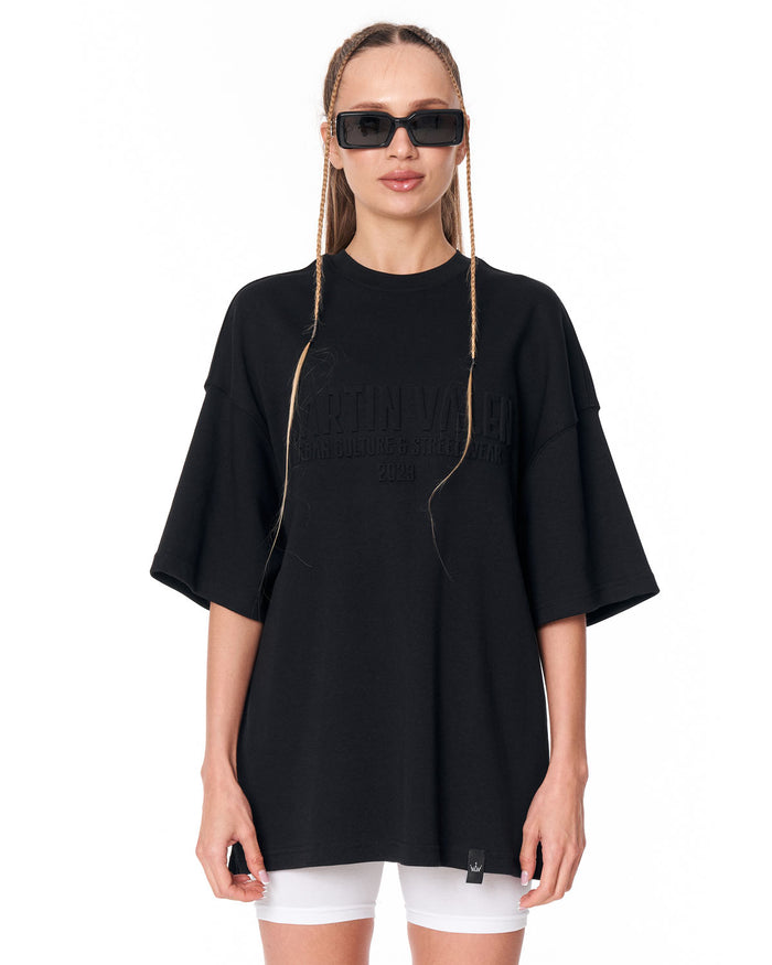 Martin Valen Oversized Embossed Basic Black T-shirt with tonal logo detail