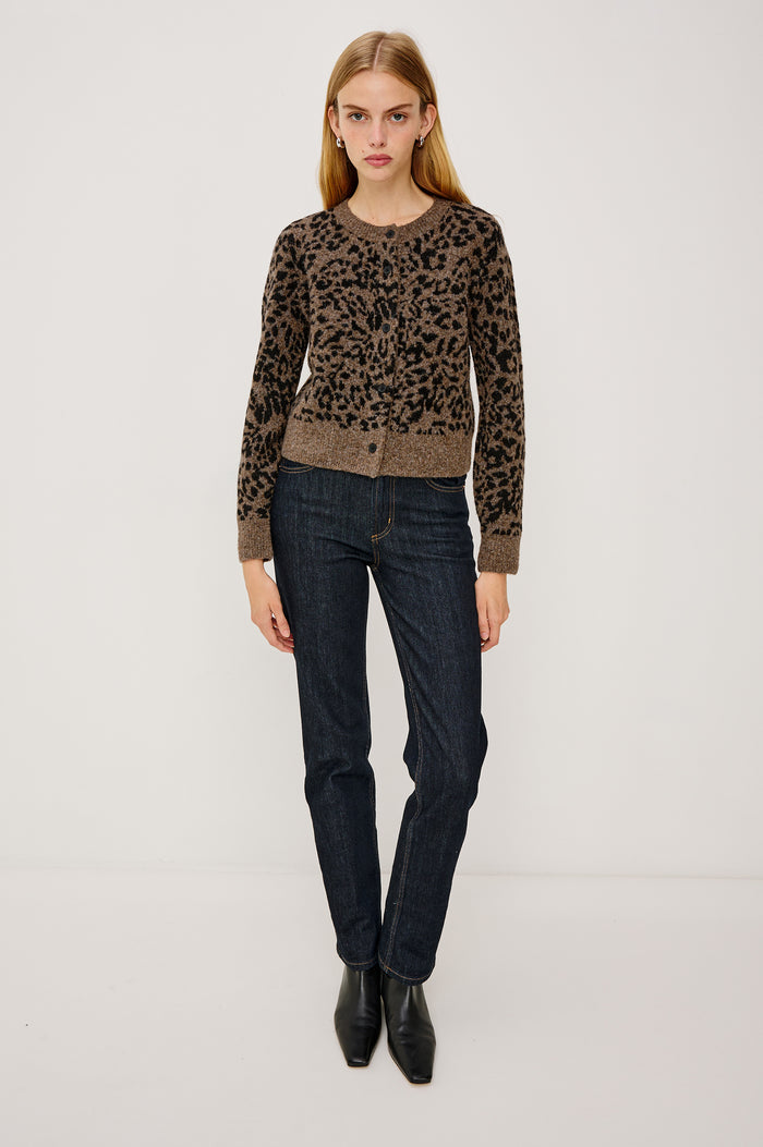 Matilda Cardigan Sweater in Cashmere Wool Blend With Crew Neckline, Ribbed Trim, Front Buttons, Long Sleeves in Spotted Colorway - Full Body Front View Featured on Model