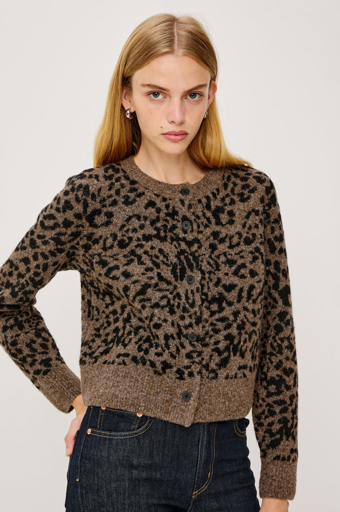 Matilda Cardigan Sweater in Cashmere Wool Blend With Crew Neckline, Ribbed Trim, Front Buttons, Long Sleeves in Spotted Colorway - Upper Body Front View Featured on Model