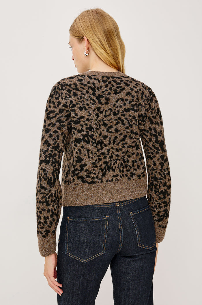 Matilda Cardigan Sweater in Cashmere Wool Blend With Crew Neckline, Ribbed Trim, Front Buttons, Long Sleeves in Spotted Colorway - Upper Body Back View Featured on Model