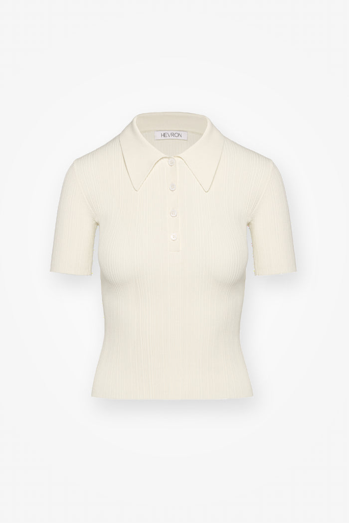 HEVRON Maya Polo Ivory Ribbed Knit Polo, product front view