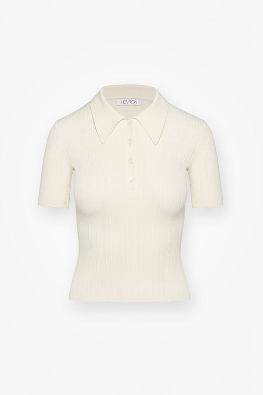 HEVRON Maya Polo Ivory Ribbed Knit Polo, product front view