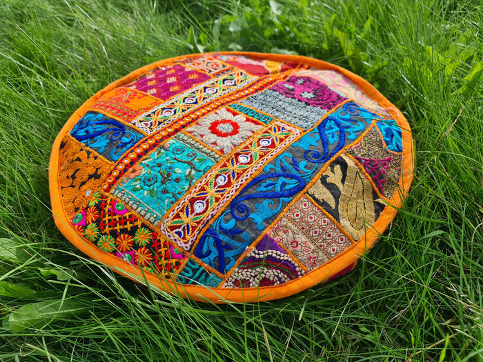 Meditation Cushion Cover – Indian Boho Patchwork Floor Pillow for Floor Seating