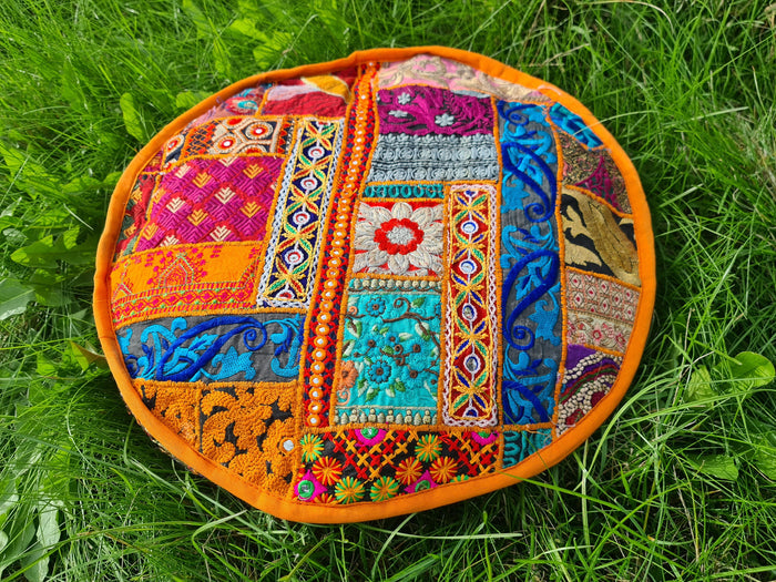 Meditation Cushion Cover – Indian Boho Patchwork Floor Pillow for Floor Seating