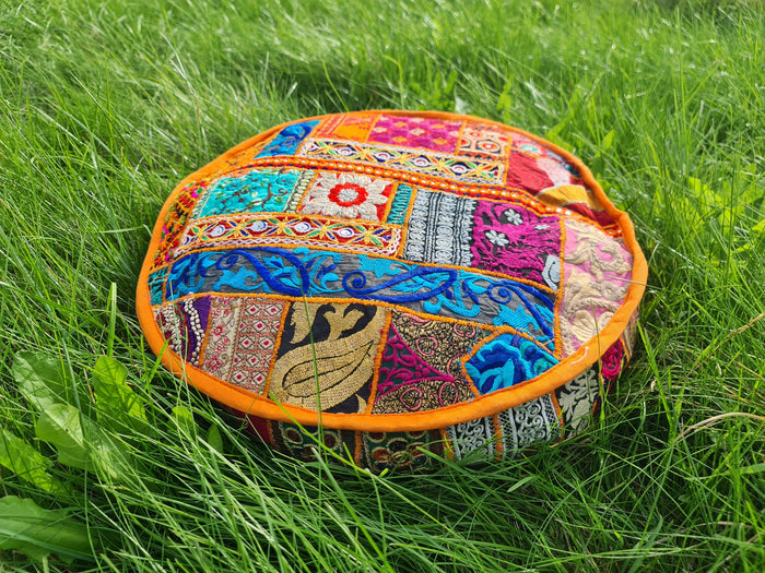 Meditation Cushion Cover – Indian Boho Patchwork Floor Pillow for Floor Seating