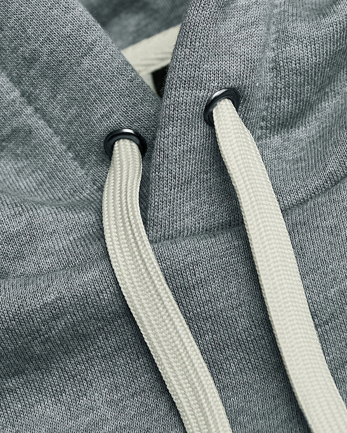 Medium Heather Gray Tall Fleece French Terry Pullover Hoodie with white drawcords.