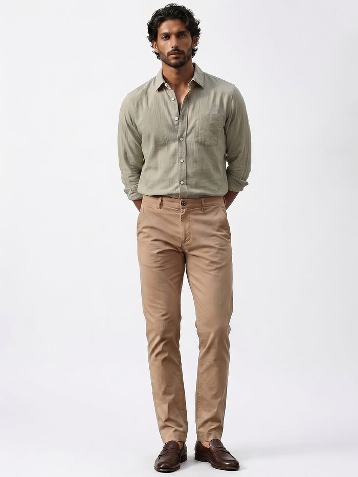 Men's Khaki Cotton Lycra Slim Fit Pant