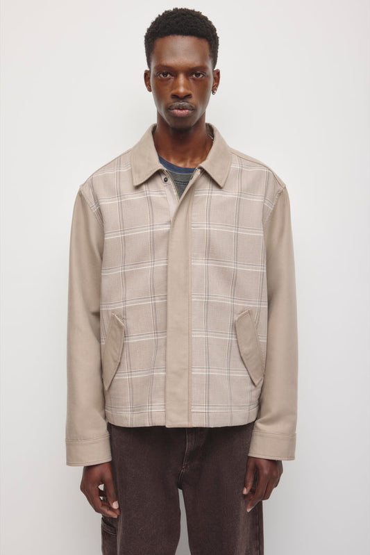 Men's Patchwork Varsity Jacket in Teak Plaid