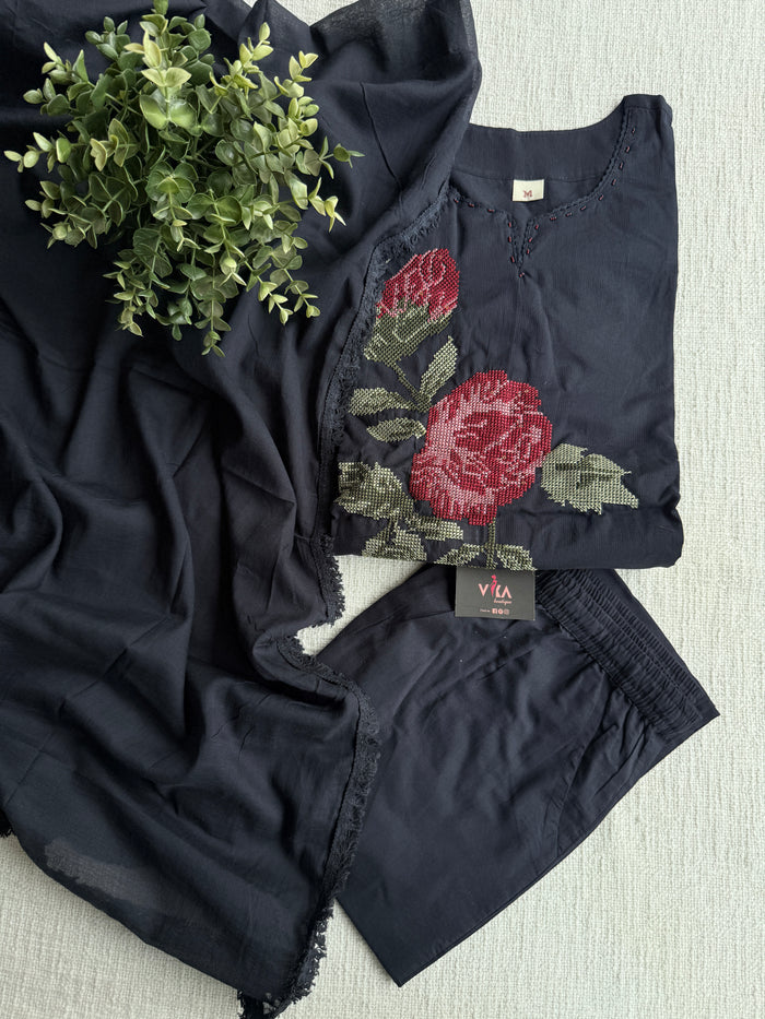 Midnight blueish black pure cotton Ready suit set