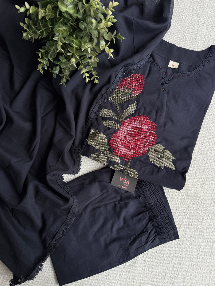 Midnight blueish black pure cotton Ready suit set