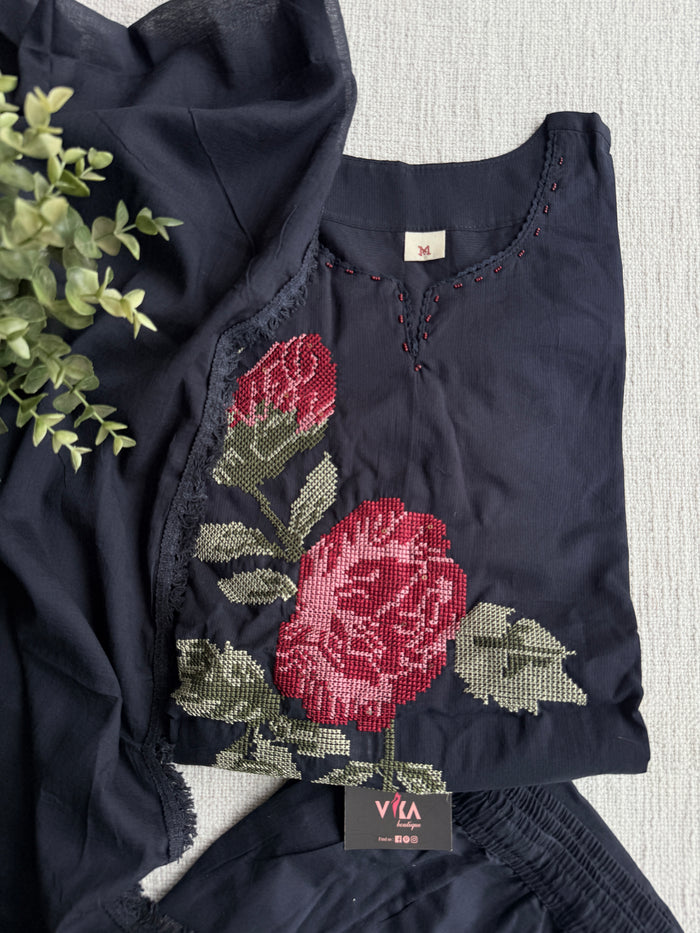 Midnight blueish black pure cotton Ready suit set