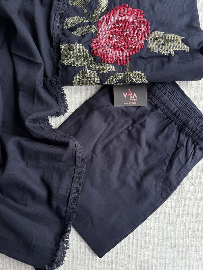Midnight blueish black pure cotton Ready suit set
