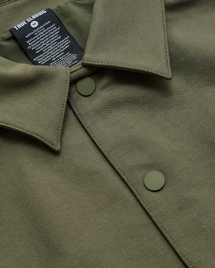 Military Green Casual Jacket with pointed collar and snap buttons.