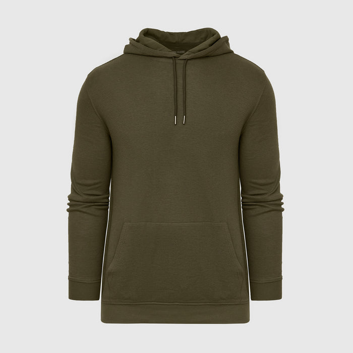 Military Green Waffle Hoodie with kangaroo pocket and drawstring hood.
