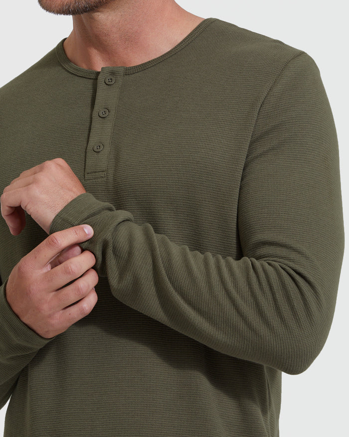Military Green Waffle Long Sleeve Henley with button placket and cuff adjustment.