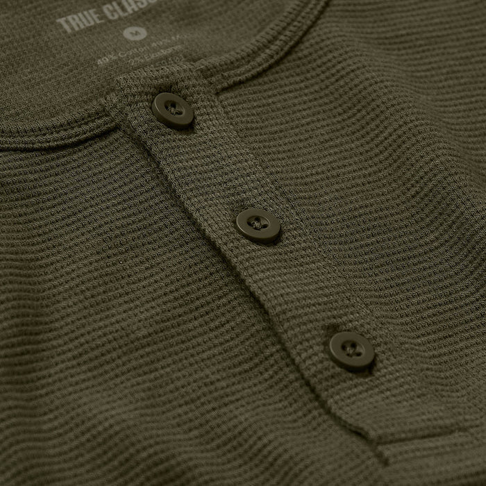 Military Green Waffle Long Sleeve Henley with three-button placket detail.