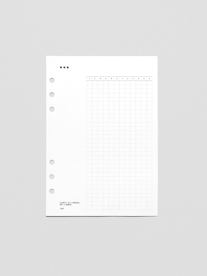 White cardstock planner dashboard with 3 dot design, habit tracker, and text design printed in black.