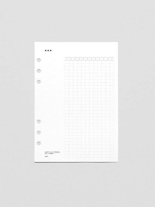 White cardstock planner dashboard with 3 dot design, habit tracker, and text design printed in black.