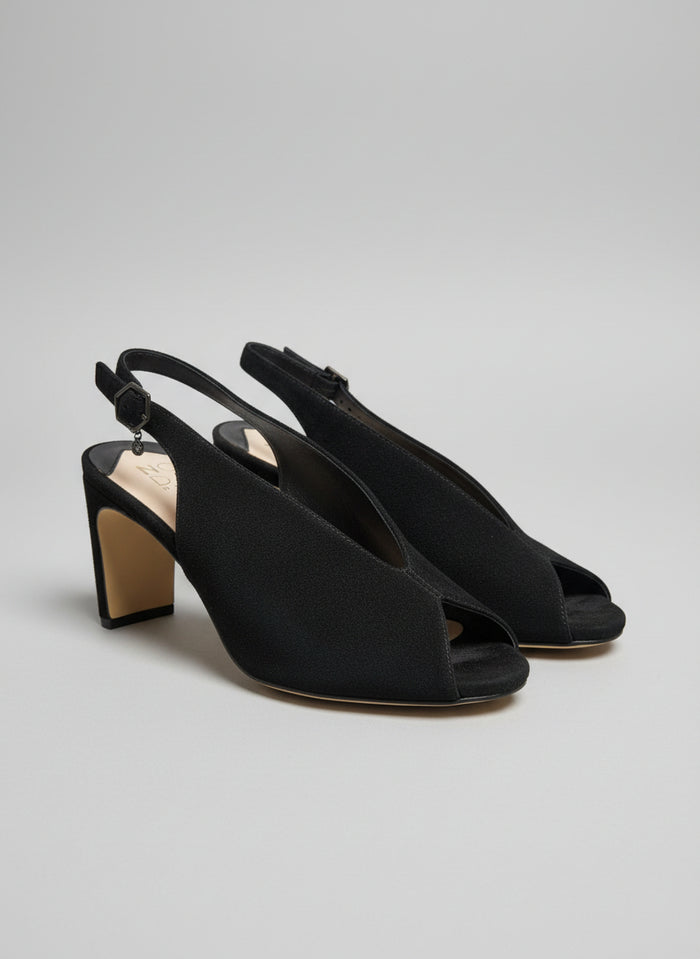 Moda in Pelle Black Suede Heeled Peep Toe Sling-Back Shoes UK 7 EU 40