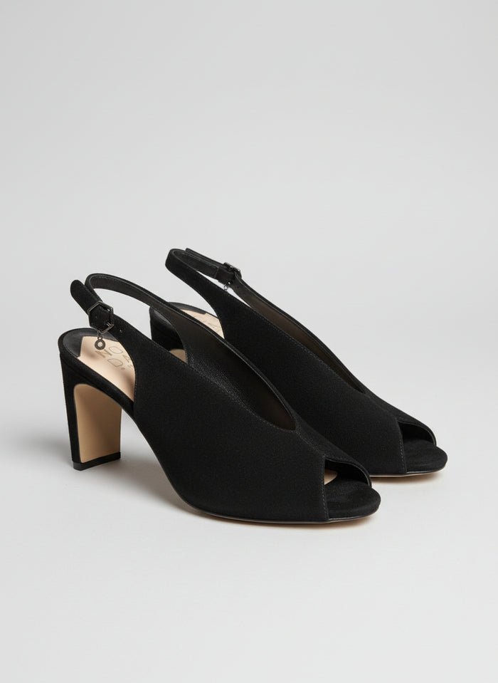 Moda in Pelle Black Suede Heeled Peep Toe Sling-Back Shoes UK 7 EU 40